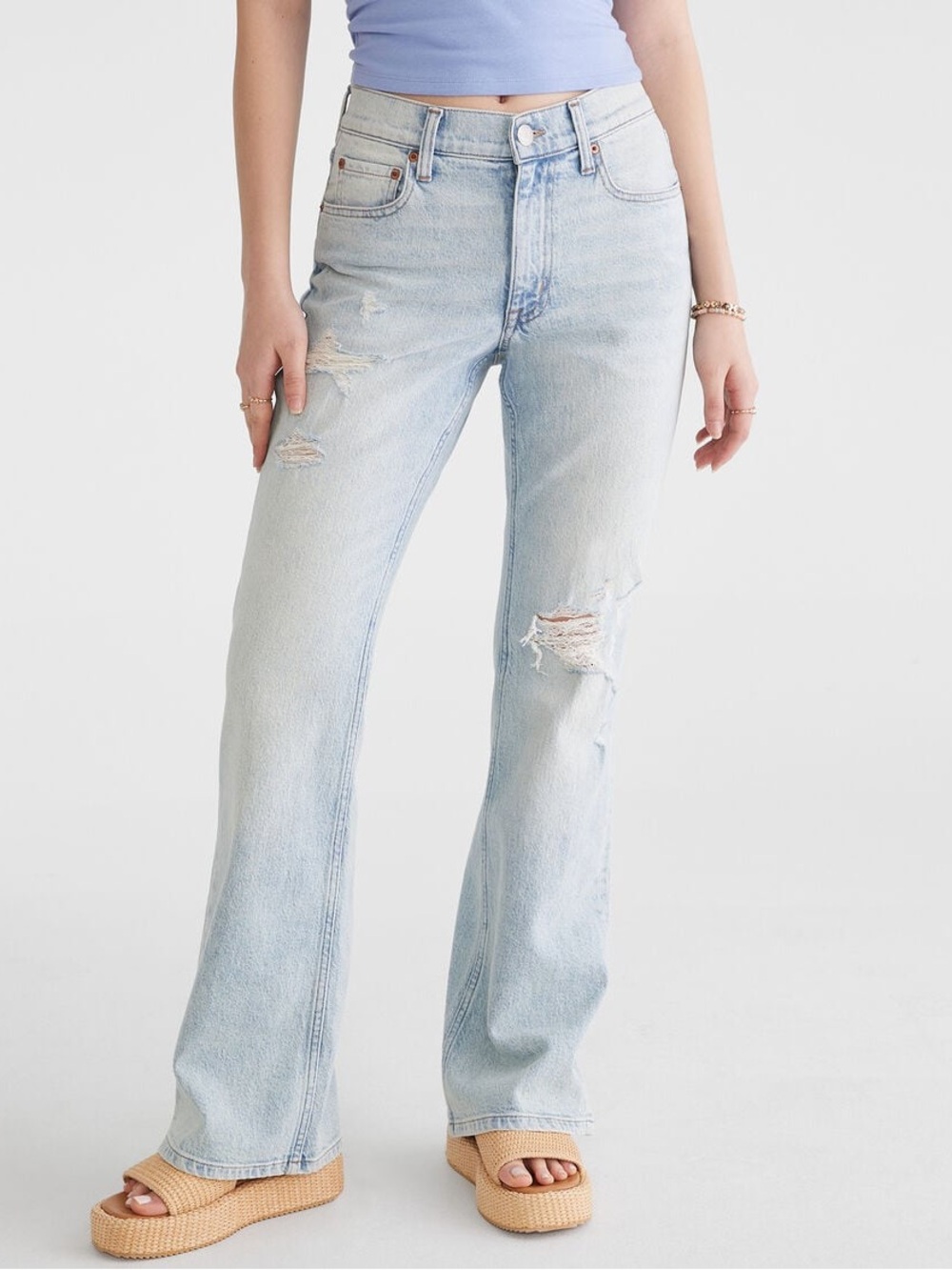 Aéropostale Women’s 2S High Rise Flare Jeans Light Wash Distressed Ripped Y2K